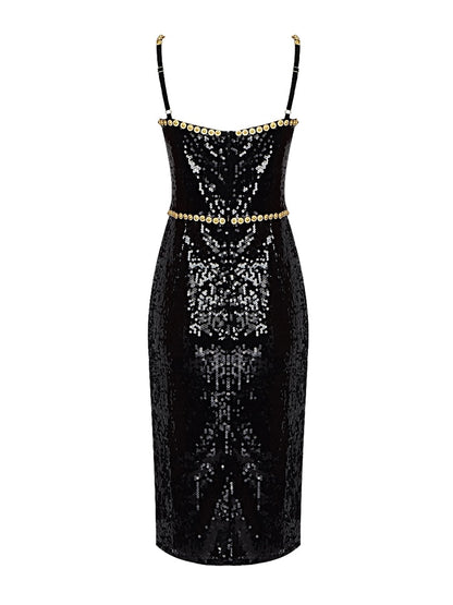 Luxurious Black Evening Dinner Dress Women's Square Collar Crystal Sequins Strap Dress