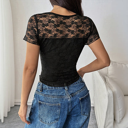 Solid color slim fit lace patchwork T-shirt for women