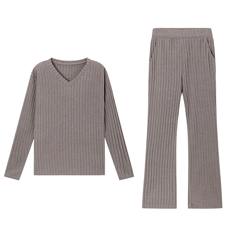 Fashionable Casual Loose V-Neck Ribbed Knit Set for Women