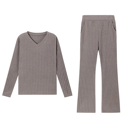 Fashionable Casual Loose V-Neck Ribbed Knit Set for Women