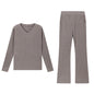 Fashionable Casual Loose V-Neck Ribbed Knit Set for Women