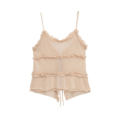 V-neck ruffle edge knitted camisole cardigan for women