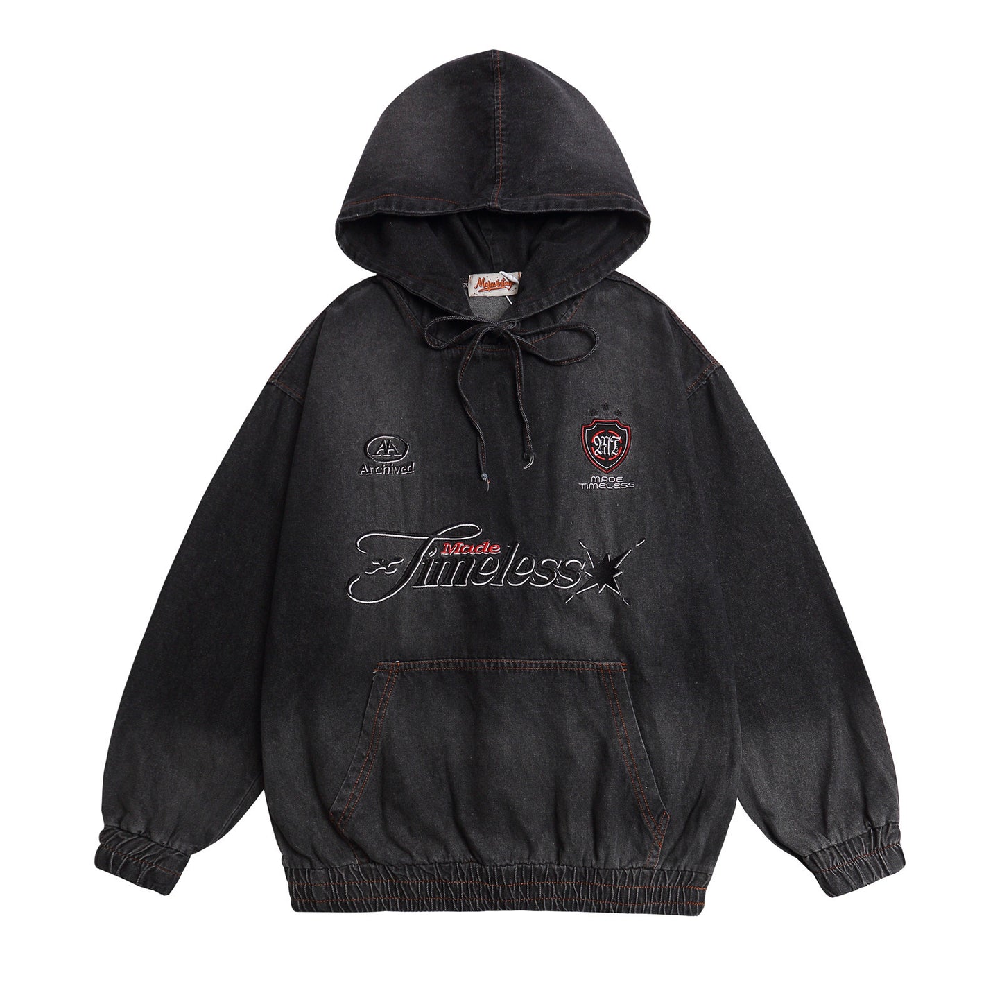 Washed Letter Embroidered Denim Hoodie Unisex Loose Casual Couple Top