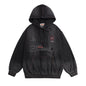 Washed Letter Embroidered Denim Hoodie Unisex Loose Casual Couple Top