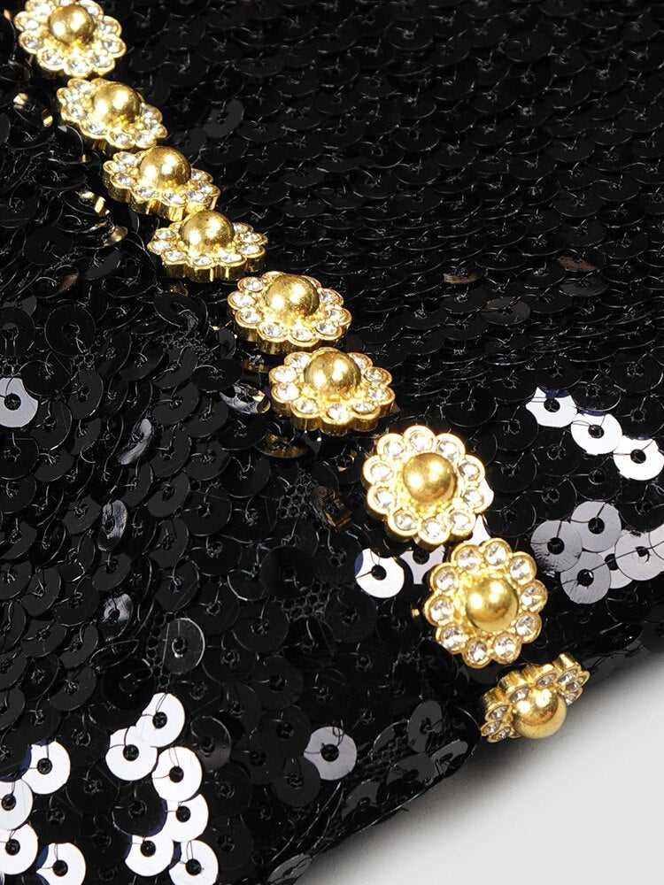 Luxurious Black Evening Dinner Dress Women's Square Collar Crystal Sequins Strap Dress