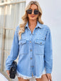 Washed loose nail bead fringed denim top shirt