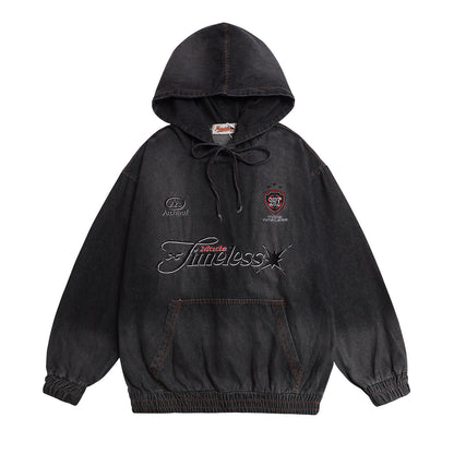 Washed Letter Embroidered Denim Hoodie Unisex Loose Casual Couple Top
