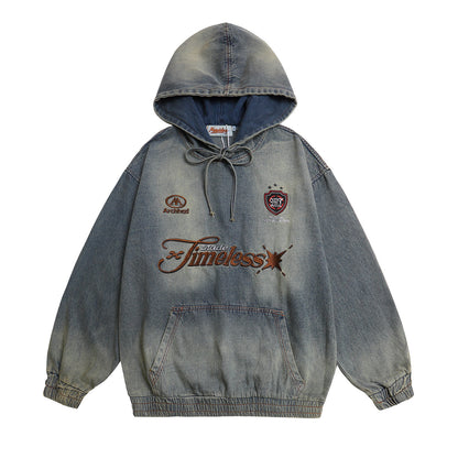 Washed Letter Embroidered Denim Hoodie Unisex Loose Casual Couple Top