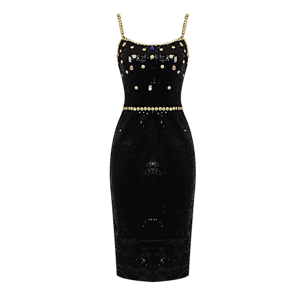 Luxurious Black Evening Dinner Dress Women's Square Collar Crystal Sequins Strap Dress