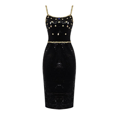 Luxurious Black Evening Dinner Dress Women's Square Collar Crystal Sequins Strap Dress