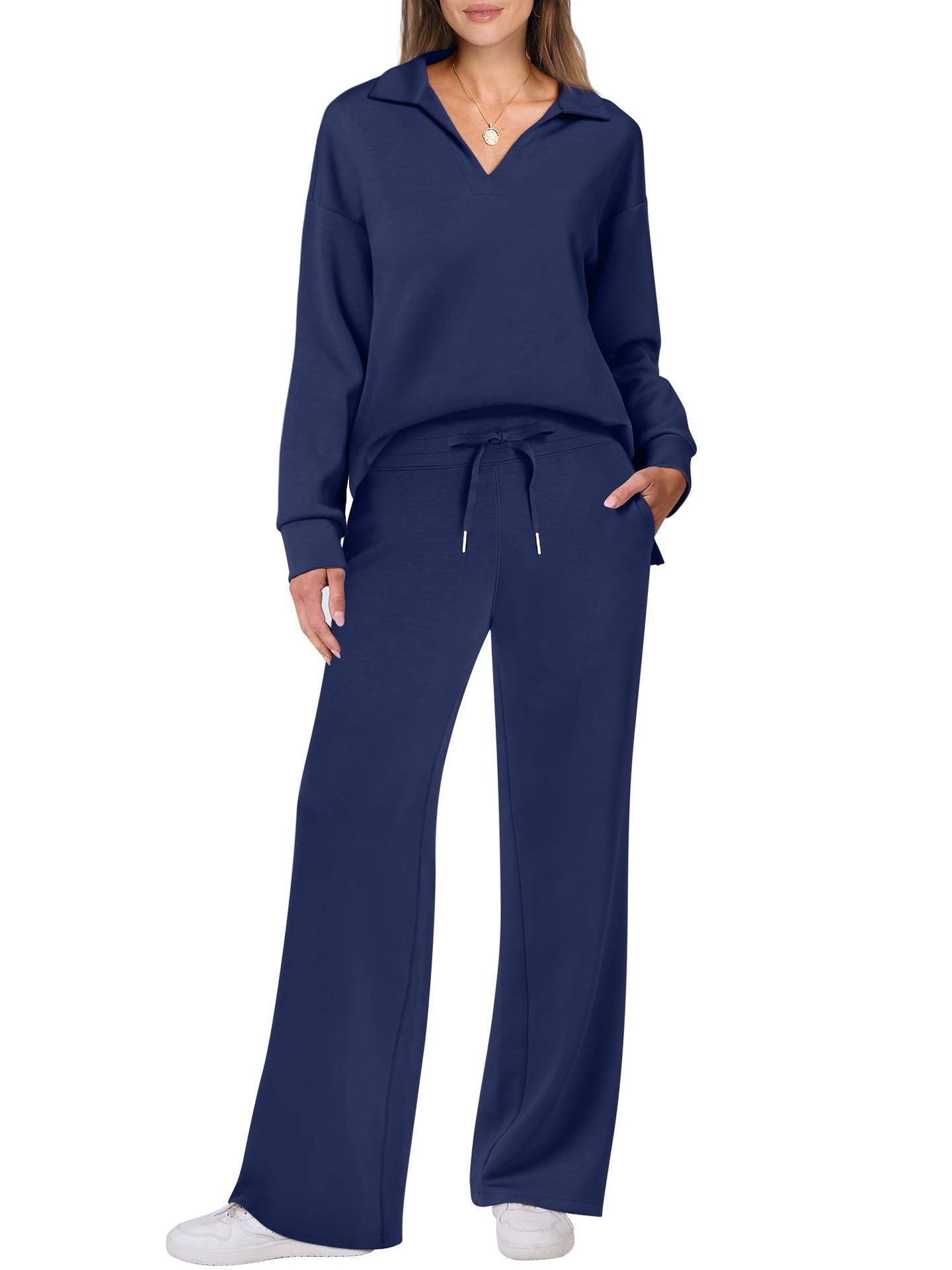 Cross-border New Pure Color Turn-down Collar Loose Casual Straight Pants Multi-color Set
