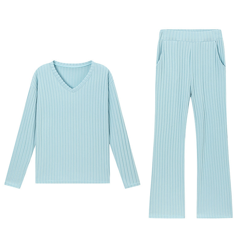 Fashionable Casual Loose V-Neck Ribbed Knit Set for Women