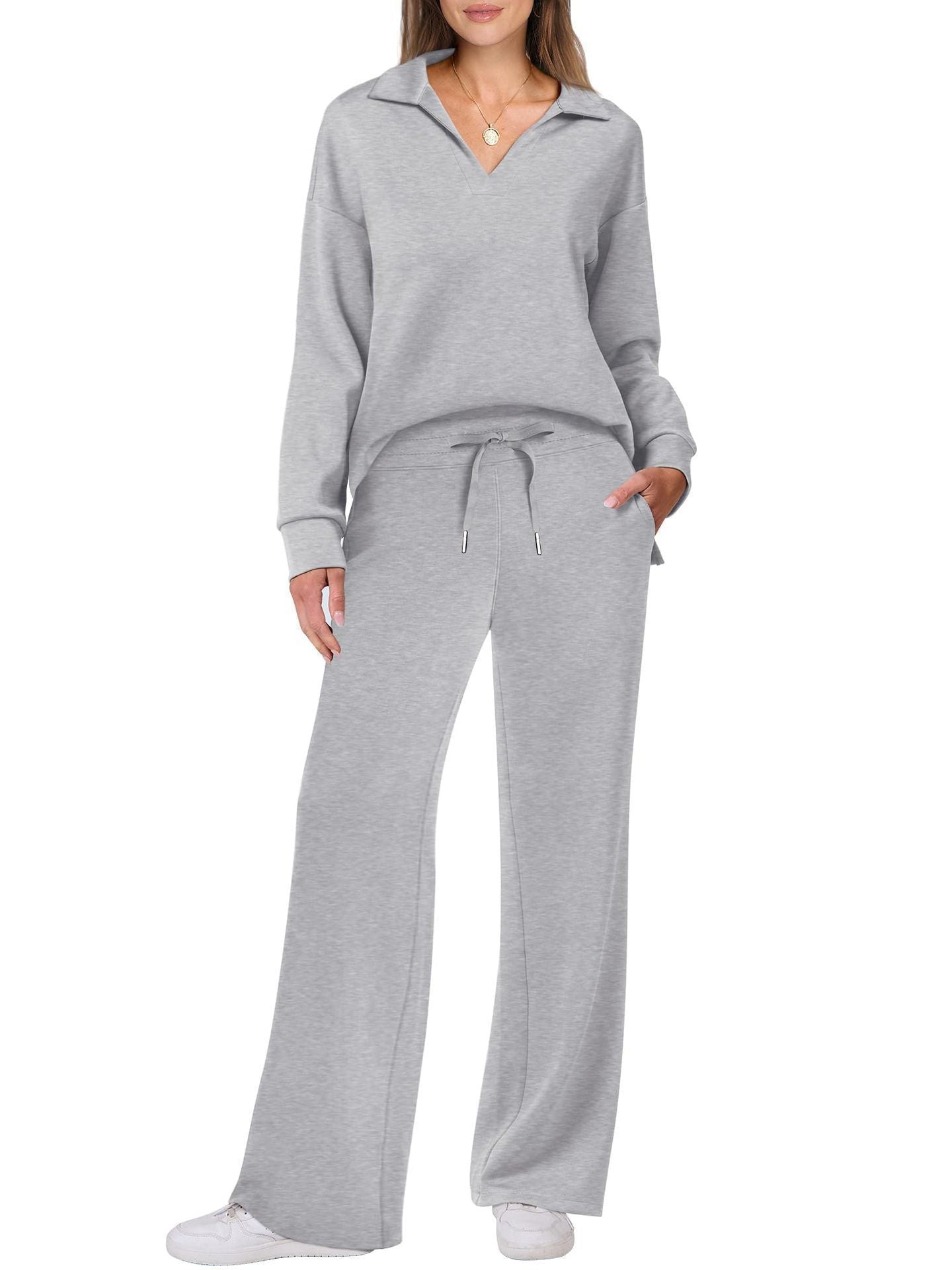 Cross-border New Pure Color Turn-down Collar Loose Casual Straight Pants Multi-color Set