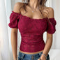 Sexy hollow out navel slimming one shoulder lace top for women's wear