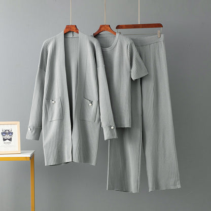 Mid Length Cardigan Jacket+short Sleeved top+wide leg pants three piece set