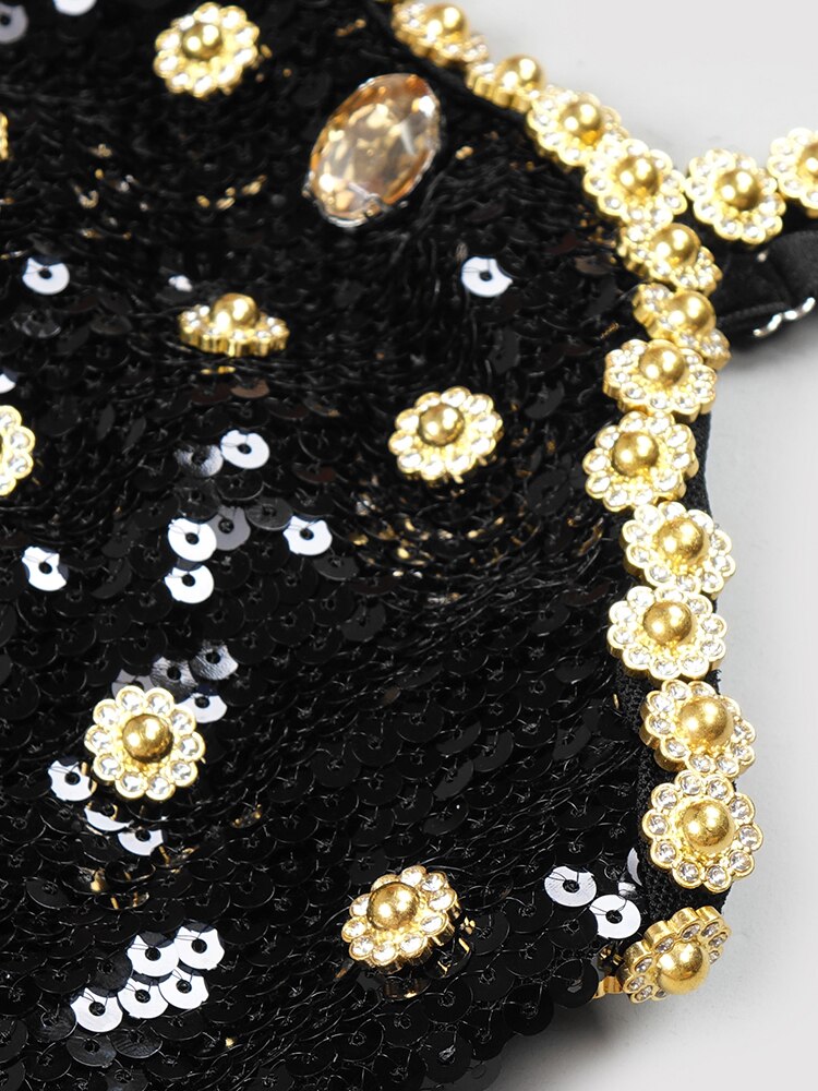 Luxurious Black Evening Dinner Dress Women's Square Collar Crystal Sequins Strap Dress