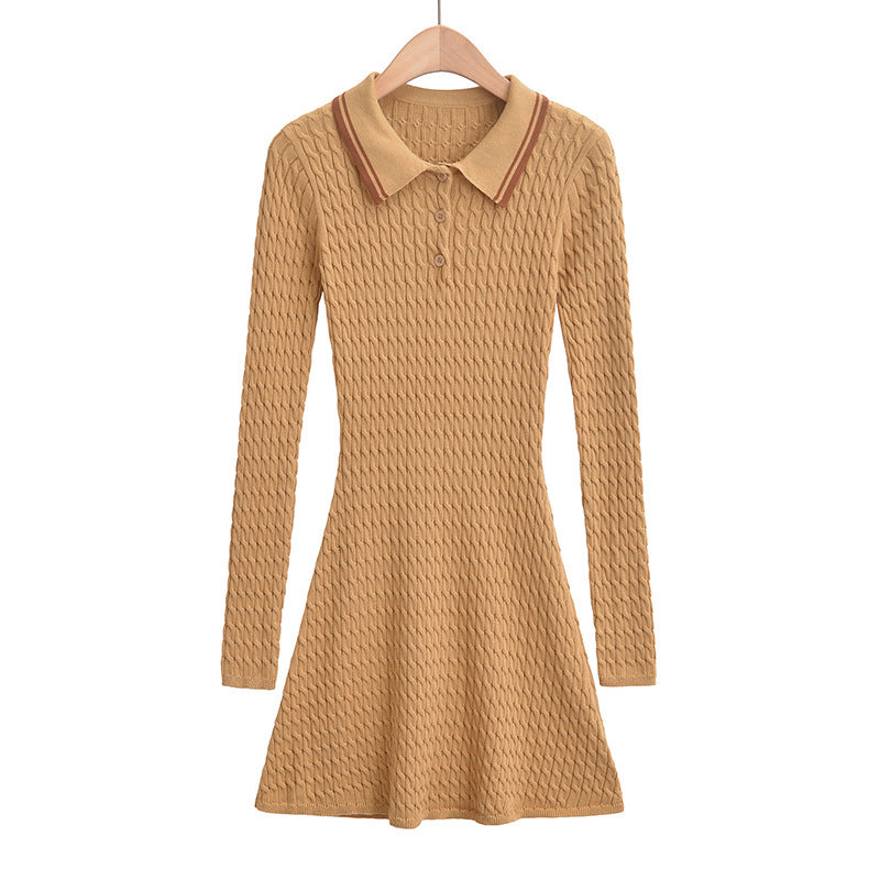 Women's Polo Collar Button Design, Slim Fit and Waist Cinching, Long Sleeved Knitted Dress