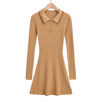 Women's Polo Collar Button Design, Slim Fit and Waist Cinching, Long Sleeved Knitted Dress