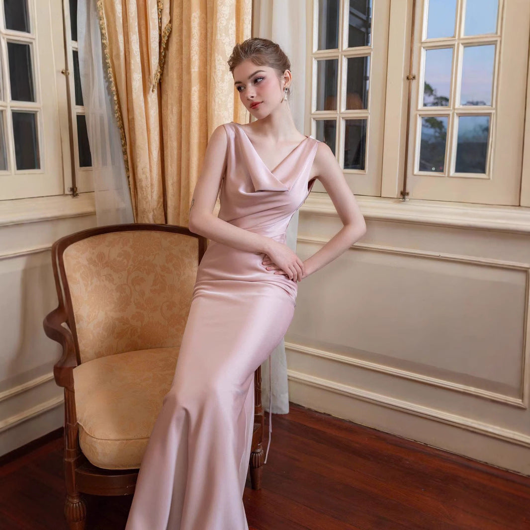 Long Dress Celebrity Pure Desire High-end Formal Wear Bridesmaid Solid Color