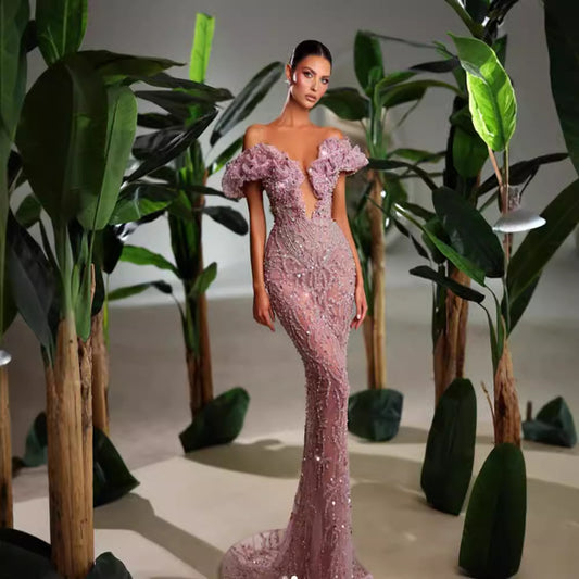 European and American style pink sexy and charming mesh evening dress