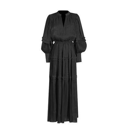 Vintage Dress with Lantern Sleeves Pleated Ruffle Edges Waist Cinching Long Skirt