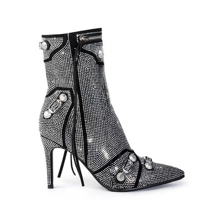 Women's Bling Crystal Knee-High Boots Pointed Toe Stiletto Tassel