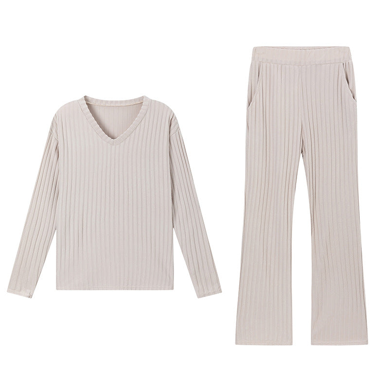 Fashionable Casual Loose V-Neck Ribbed Knit Set for Women