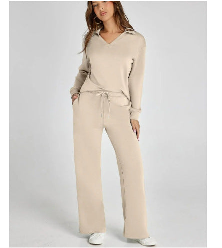 Cross-border New Pure Color Turn-down Collar Loose Casual Straight Pants Multi-color Set