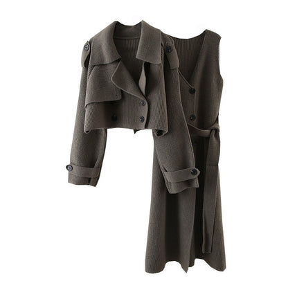 Fashion Knitted 2-Piece Set for Women Coat Straight Belt Dresses