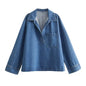 Women's Retro Lapel Casual Shirt Set Belted Loose Denim Pants 2-piece