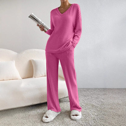 Fashionable Casual Loose V-Neck Ribbed Knit Set for Women