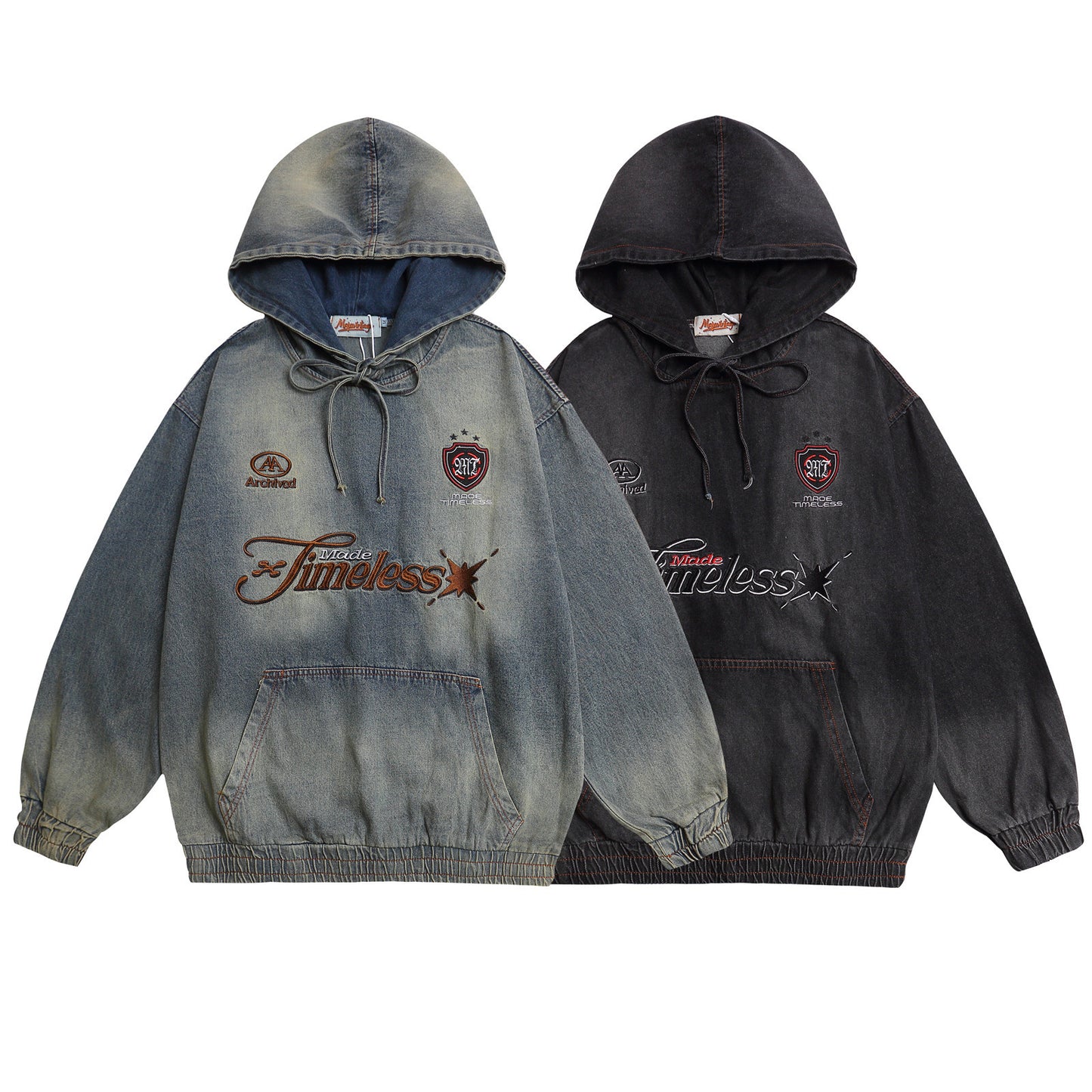 Washed Letter Embroidered Denim Hoodie Unisex Loose Casual Couple Top