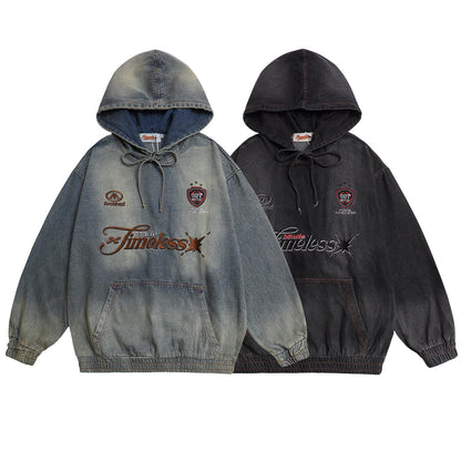 Washed Letter Embroidered Denim Hoodie Unisex Loose Casual Couple Top