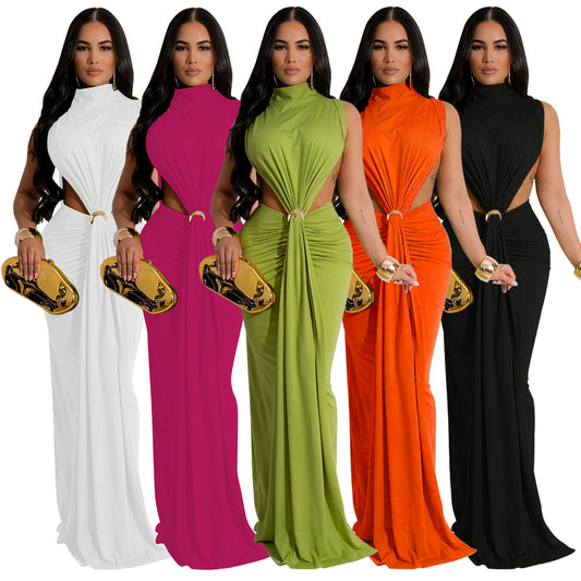 European and American Dress Solid Color Sexy Side Split Sleeveless Fashion Dress
