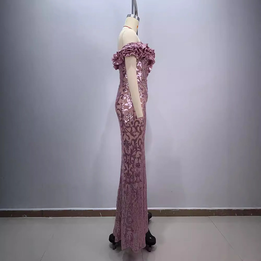 European and American style pink sexy and charming mesh evening dress