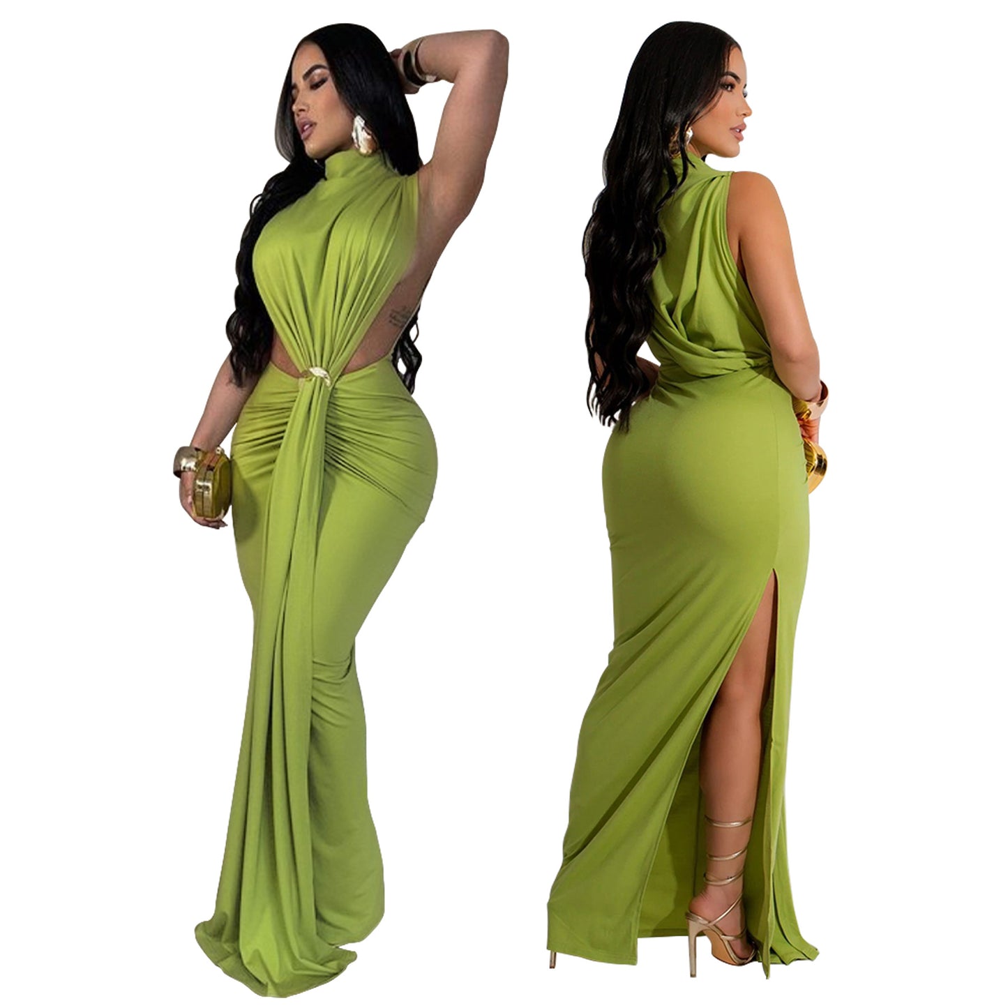 European and American Dress Solid Color Sexy Side Split Sleeveless Fashion Dress