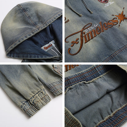 Washed Letter Embroidered Denim Hoodie Unisex Loose Casual Couple Top