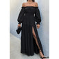 One piece collar exposed shoulder lotus leaf edge long sleeved high slit dress