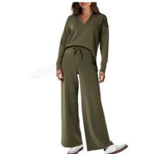 Cross-border New Pure Color Turn-down Collar Loose Casual Straight Pants Multi-color Set