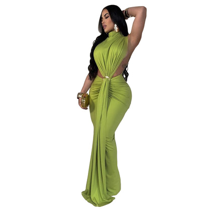 European and American Dress Solid Color Sexy Side Split Sleeveless Fashion Dress