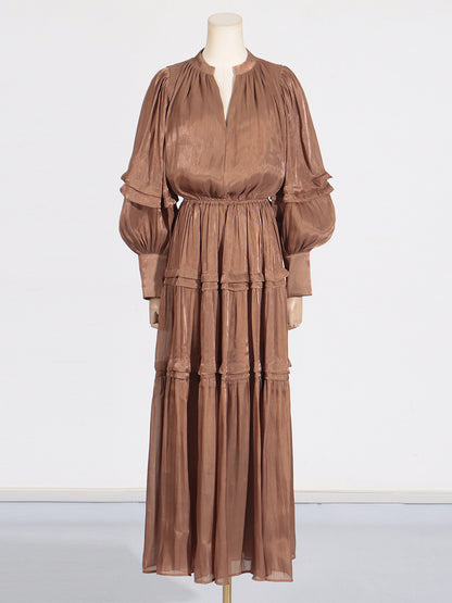 Vintage Dress with Lantern Sleeves Pleated Ruffle Edges Waist Cinching Long Skirt