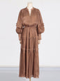 Vintage Dress with Lantern Sleeves Pleated Ruffle Edges Waist Cinching Long Skirt