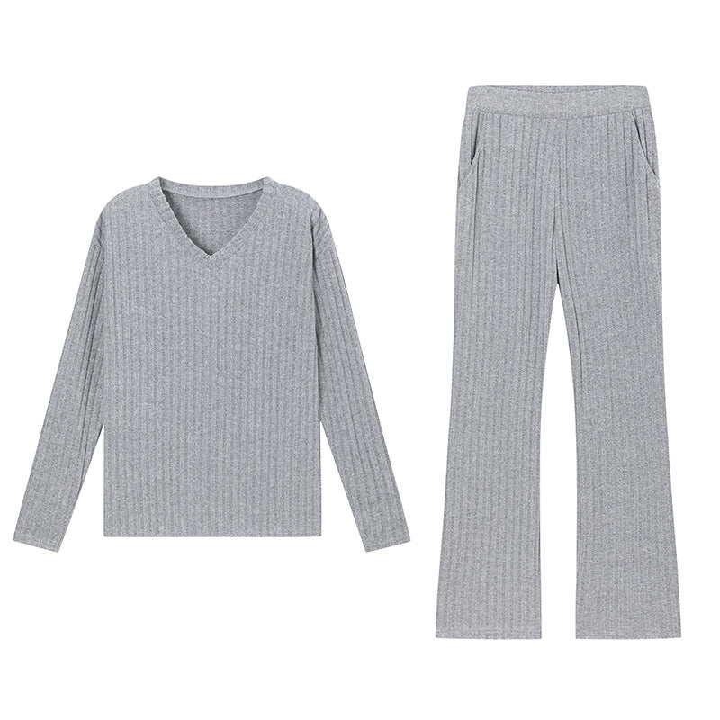Fashionable Casual Loose V-Neck Ribbed Knit Set for Women