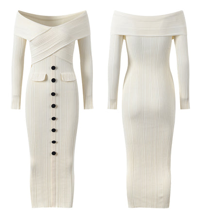 One-shoulder Sexy Slim Knitted Dress Evening Dress with Hip-hugging Long Skirt