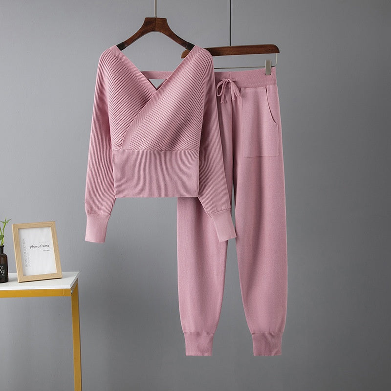 New V-Neck Sweater + Casual Sport Pants Two-Piece Set for Women