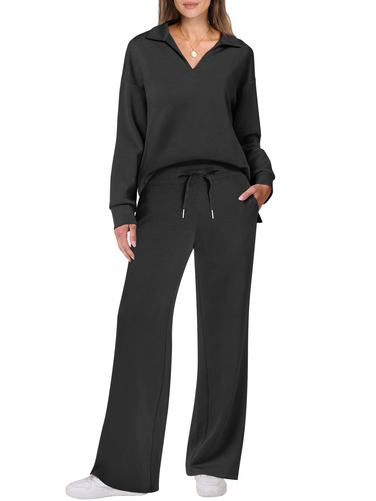 Cross-border New Pure Color Turn-down Collar Loose Casual Straight Pants Multi-color Set