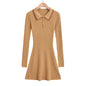 Women's Polo Collar Button Design, Slim Fit and Waist Cinching, Long Sleeved Knitted Dress