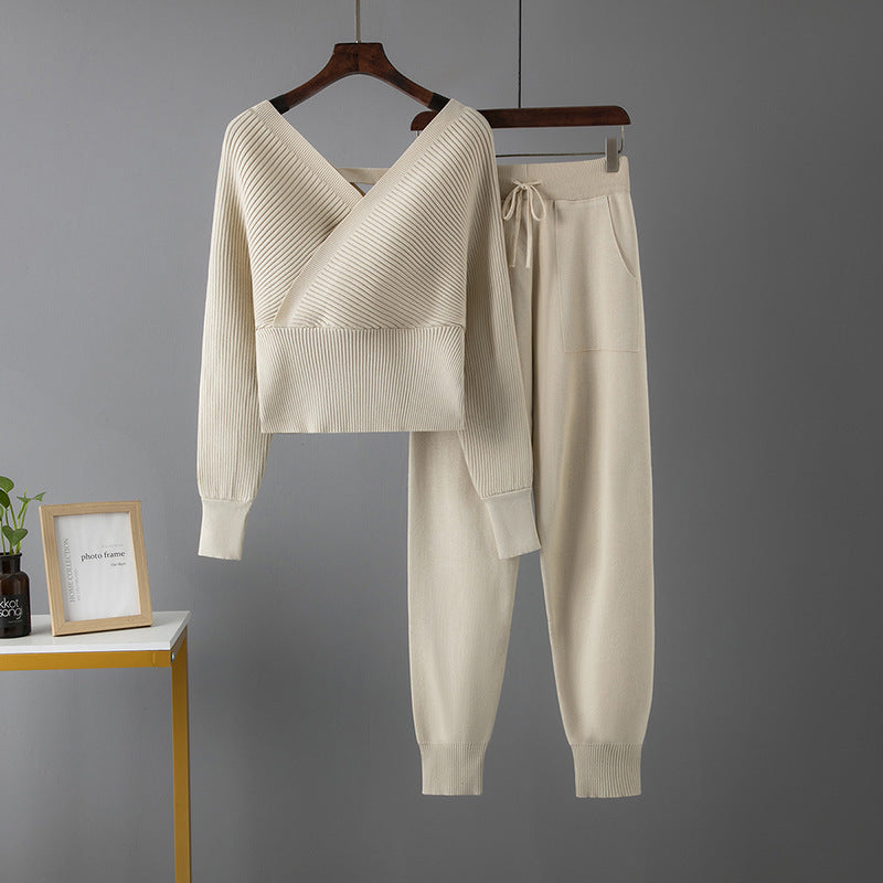 New V-Neck Sweater + Casual Sport Pants Two-Piece Set for Women