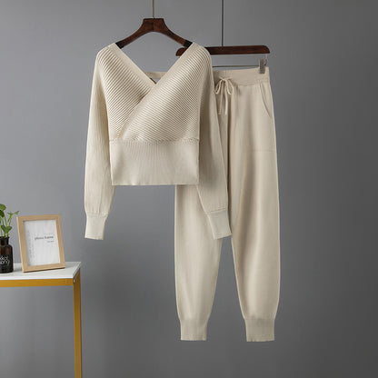 New V-Neck Sweater + Casual Sport Pants Two-Piece Set for Women