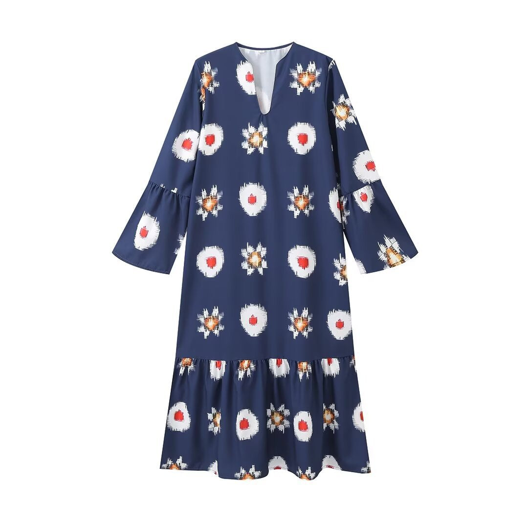 Autumn New Fashion Flower Series V-neck Long Sleeved Dress